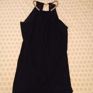 Beautiful Navy blue dress w rhine neck .